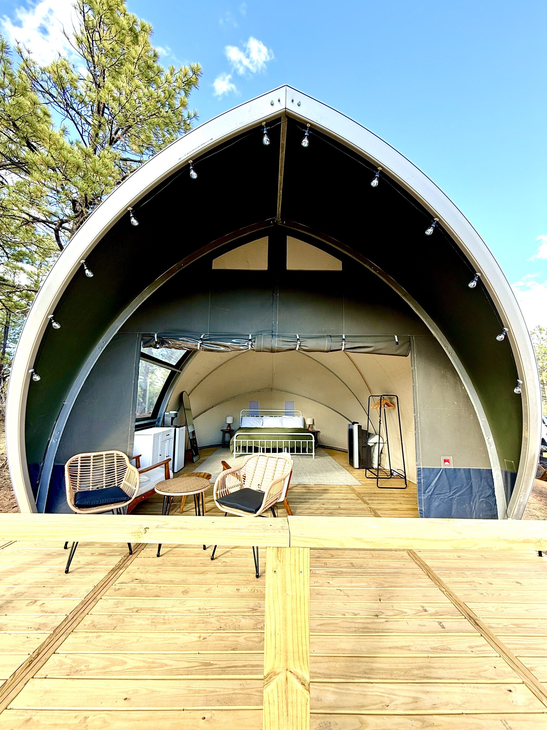 Glamping structure with an attached FlatForm platform deck